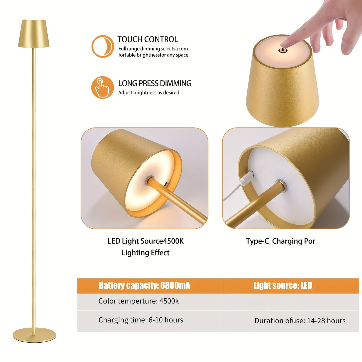 Lampadaire sans fil rechargeable à hauteur réglable, doré ou noir
