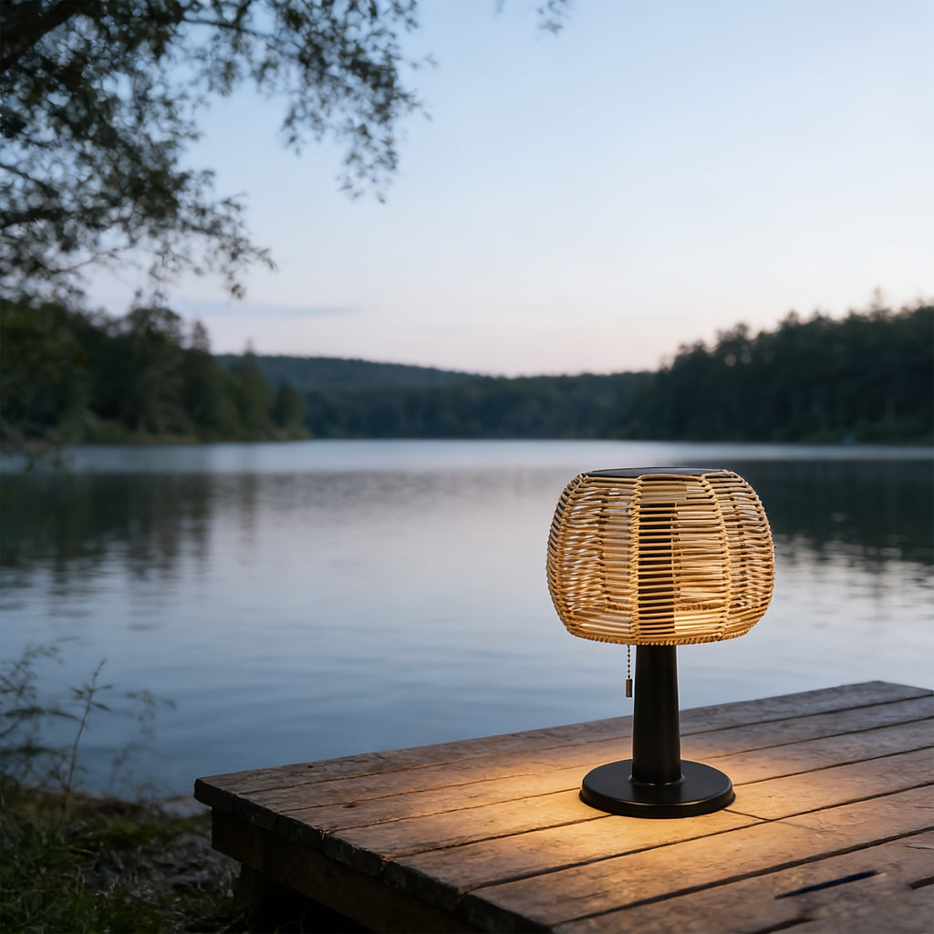 Lampe champignon solaire tressée effet rotin, chaînette, 33,5 cm