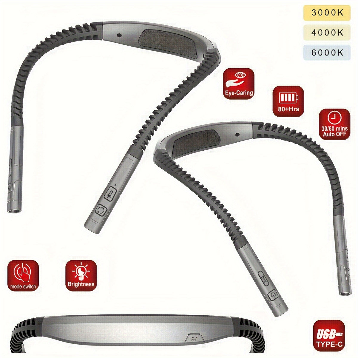 Lampe de lecture tour de cou rose, 2 têtes flexibles, 1000 mAh