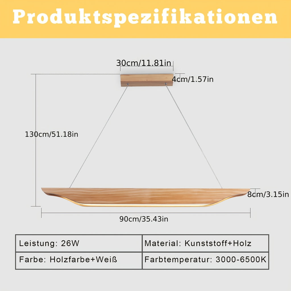 Suspension LED linéaire en bois clair aux bords relevés, 90 cm