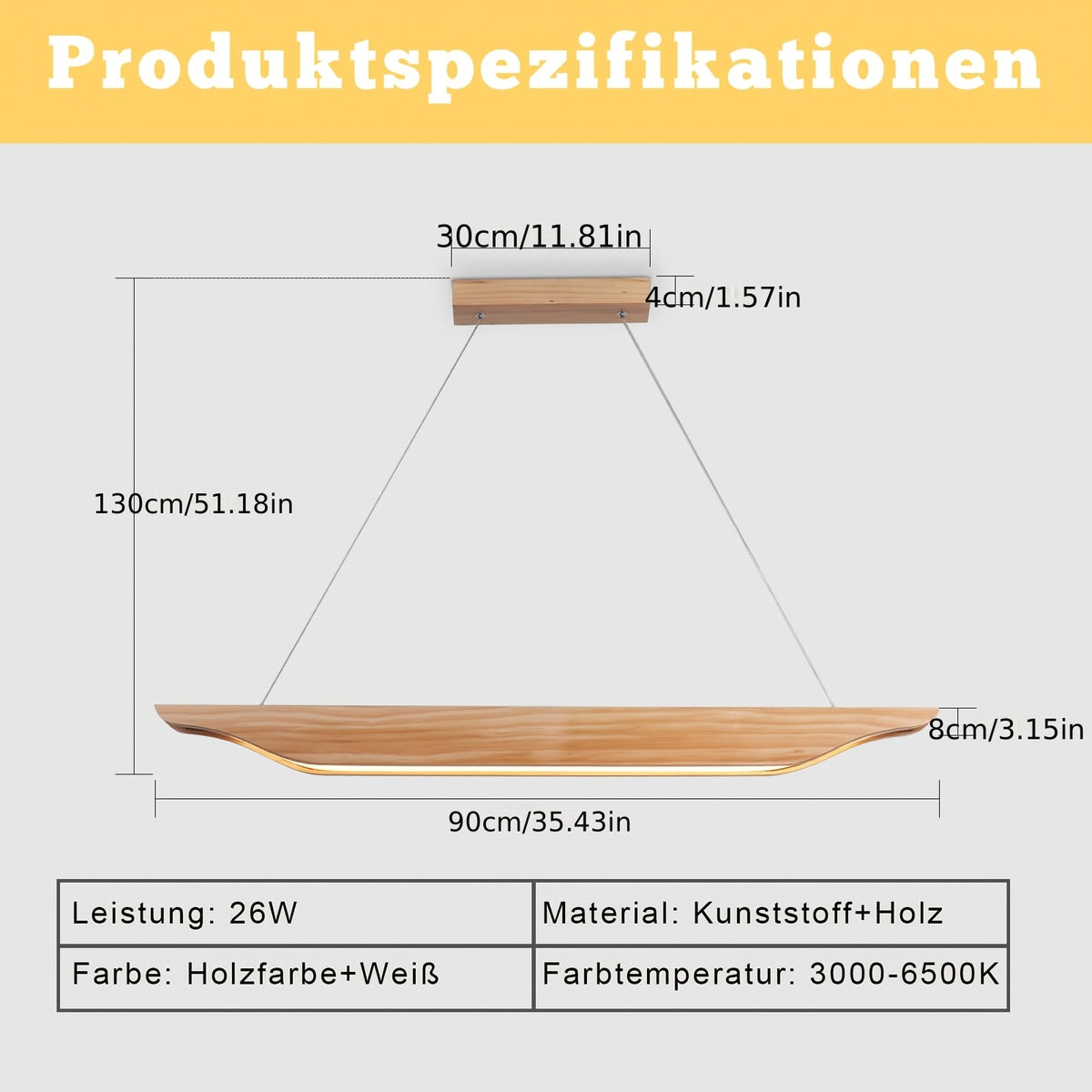 Suspension LED linéaire en bois clair aux bords relevés, 90 cm