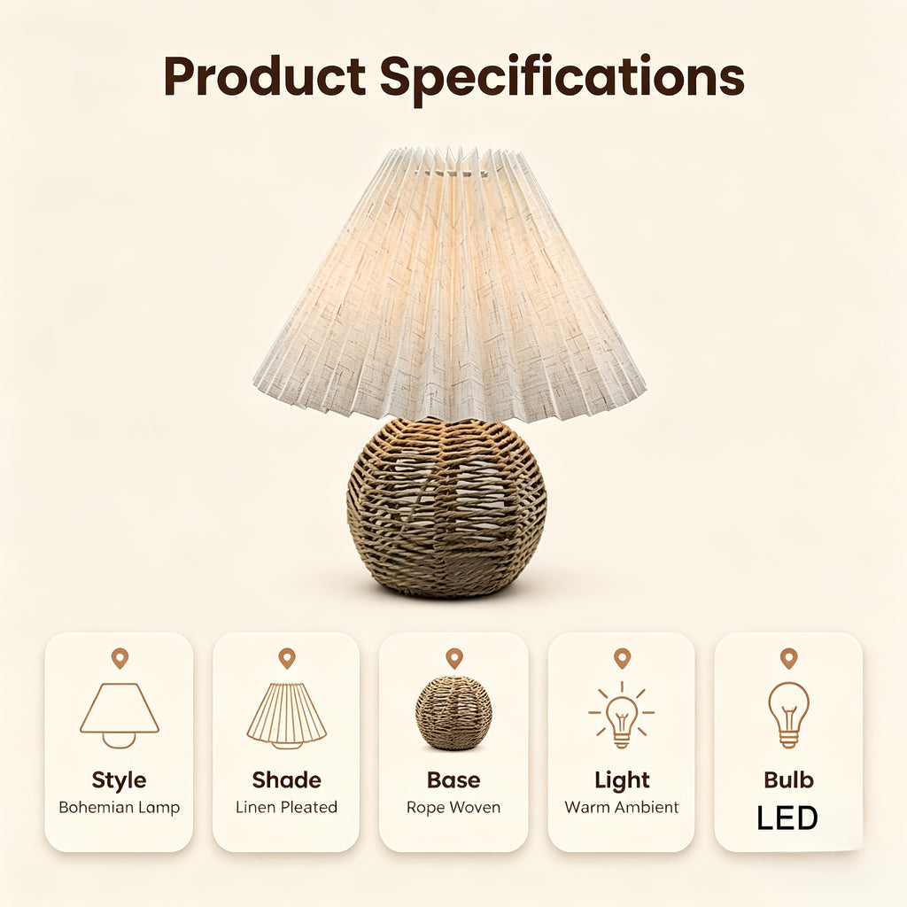 Lampe de chevet bohème, abat-jour plissé en lin et pied en corde