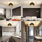 Plafonnier noir abat-jour tambour en tissu ajouré, intérieur doré
