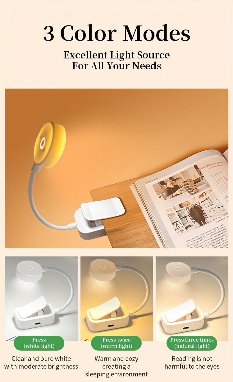 Mini lampe de lecture à pince à tête ronde, USB-C, noire ou blanche