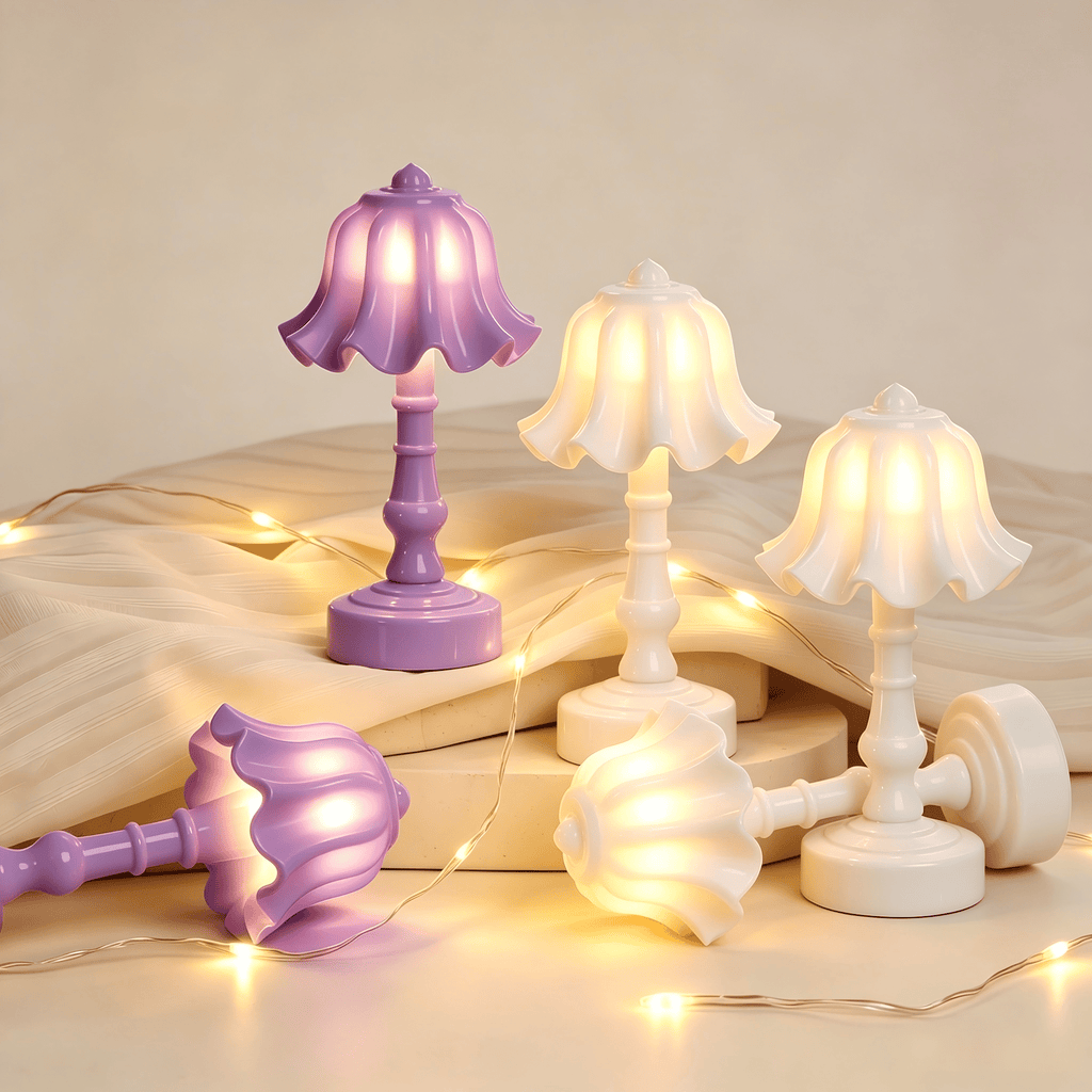 Mini lampe de table 14 cm à piles, abat-jour cloche, lotus ou pagode