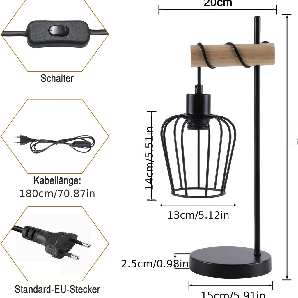 Lampe de table industrielle à cage suspendue, métal noir et bois
