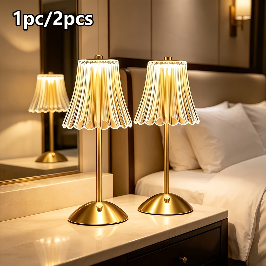 Lampe de chevet sans fil dorée, abat-jour cannelé transparent