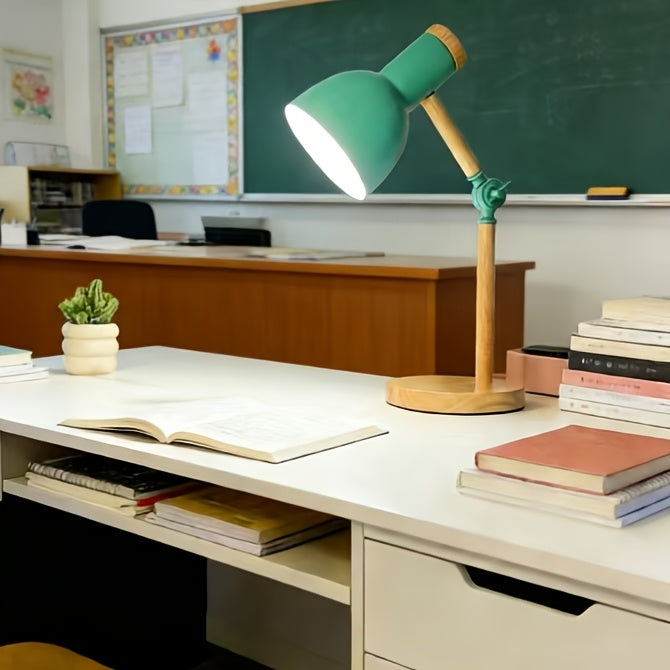 Lampe de bureau articulée en bois et métal vert, 45 cm, USB