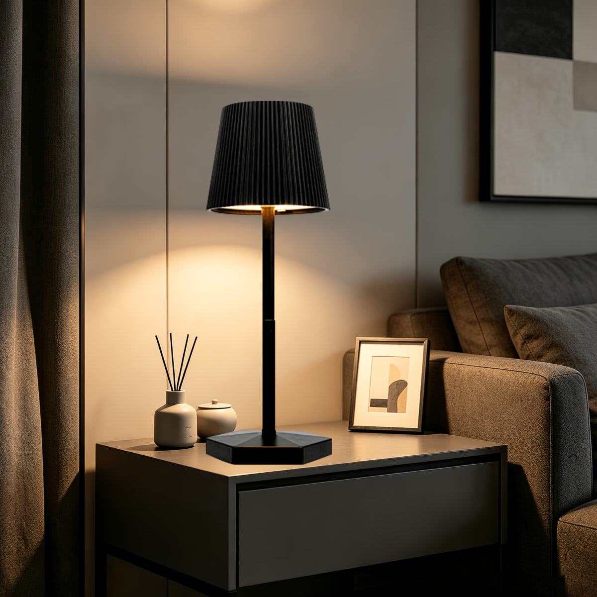 Lampe de table sans fil à abat-jour plissé, socle hexagonal tactile