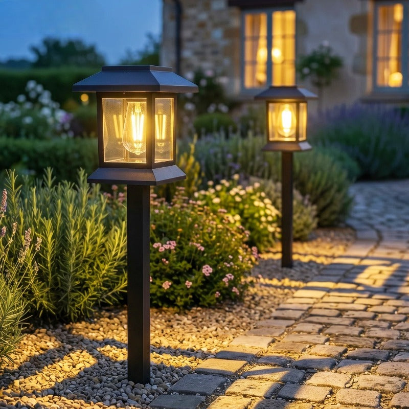 Lanterne solaire de jardin à piquet, cage noire 37,5 cm, lot de 4