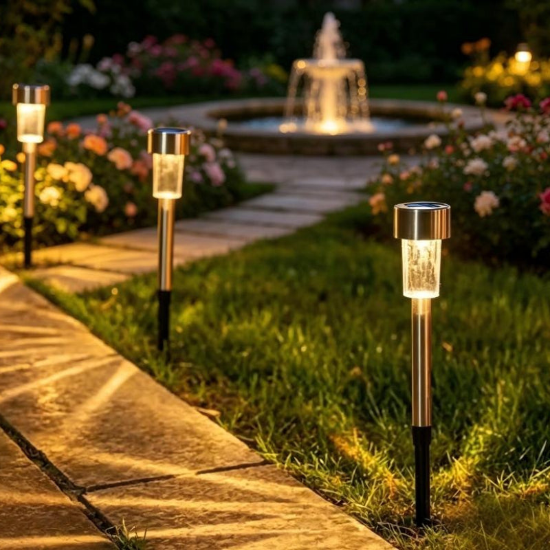Lot de 12 lampes solaires de jardin à piquet finition inox, 33 cm