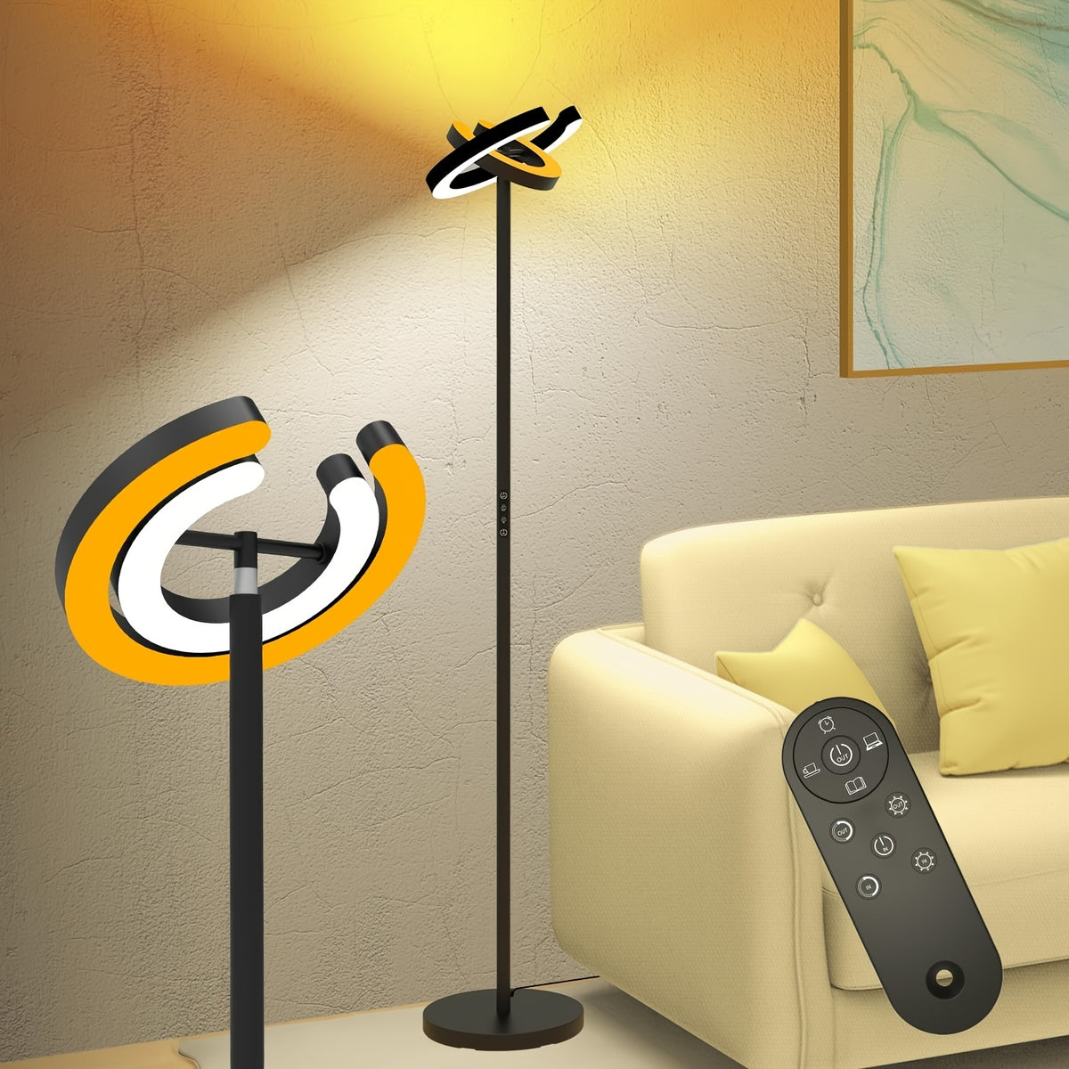 Lampadaire noir à anneaux LED rotatifs 36 W, réglable en continu