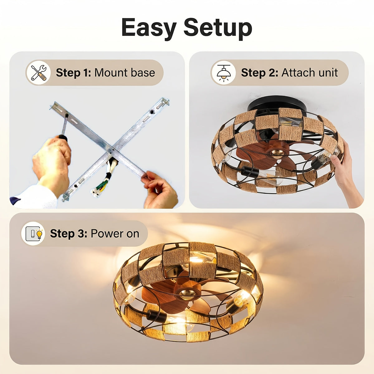 Plafonnier ventilateur cage en métal et corde, 4 douilles, Ø 48 cm