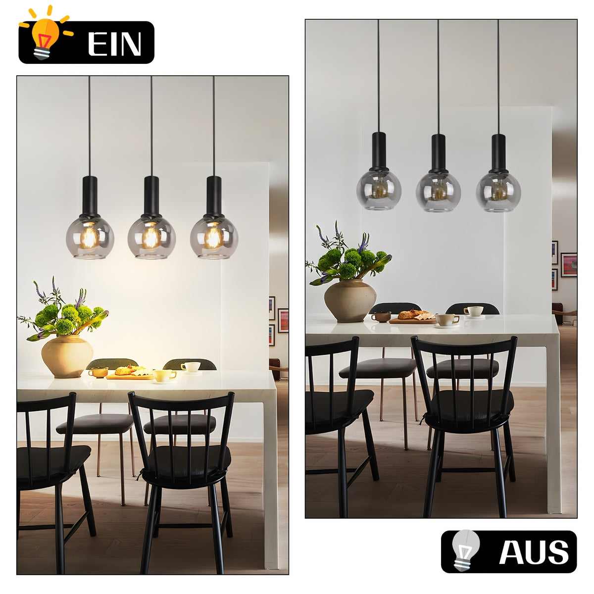 Suspension 3 globes en verre fumé sur barre noire, style vintage