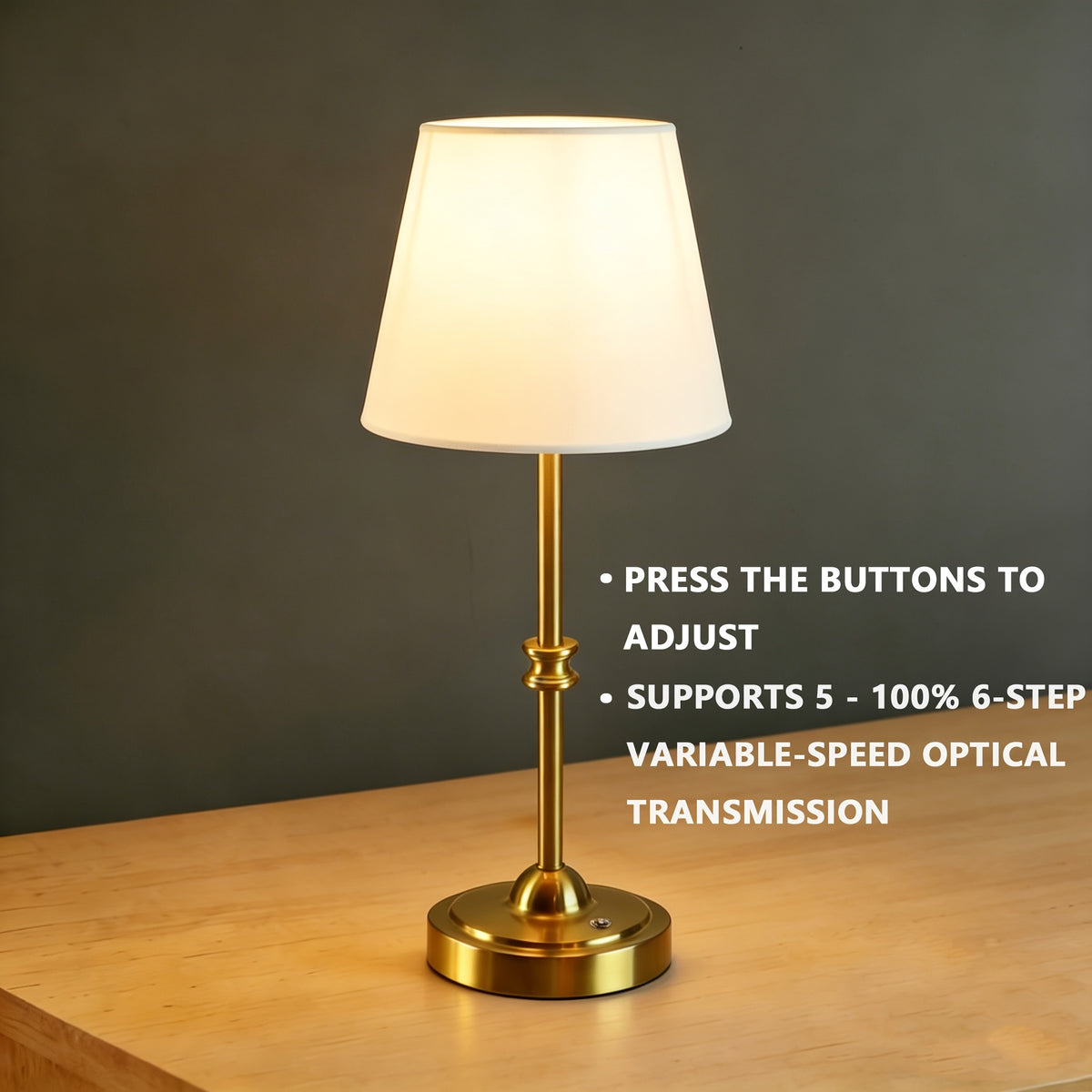Lampe de chevet sans fil, abat-jour tissu blanc, pied doré, 2 tailles