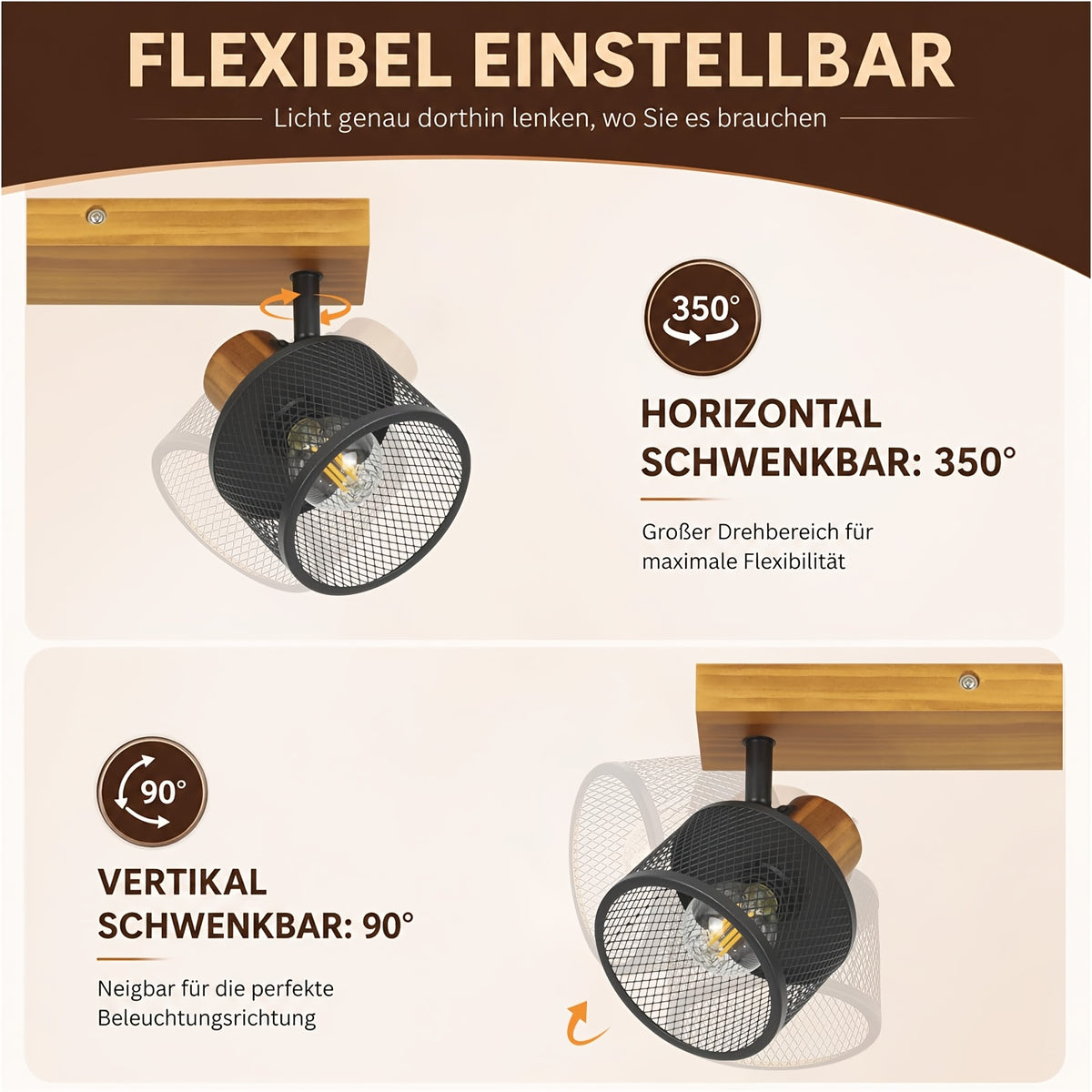Plafonnier 2 spots en bois flammé et cages grillagées noires, E14
