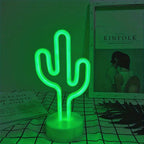 Néon LED cactus vert sur socle blanc, à piles ou USB, 14 x 20 cm