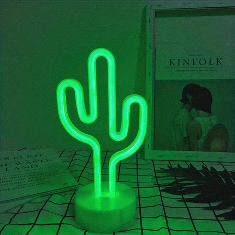 Néon LED cactus vert sur socle blanc, à piles ou USB, 14 x 20 cm