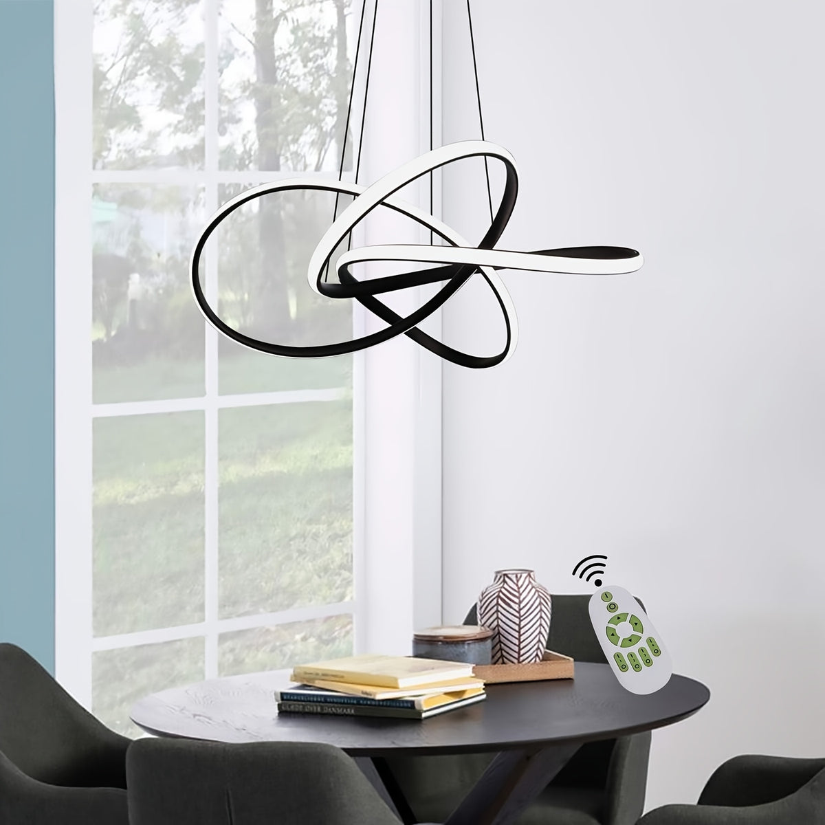 Lustre LED à boucles entrelacées en aluminium noir, avec télécommande