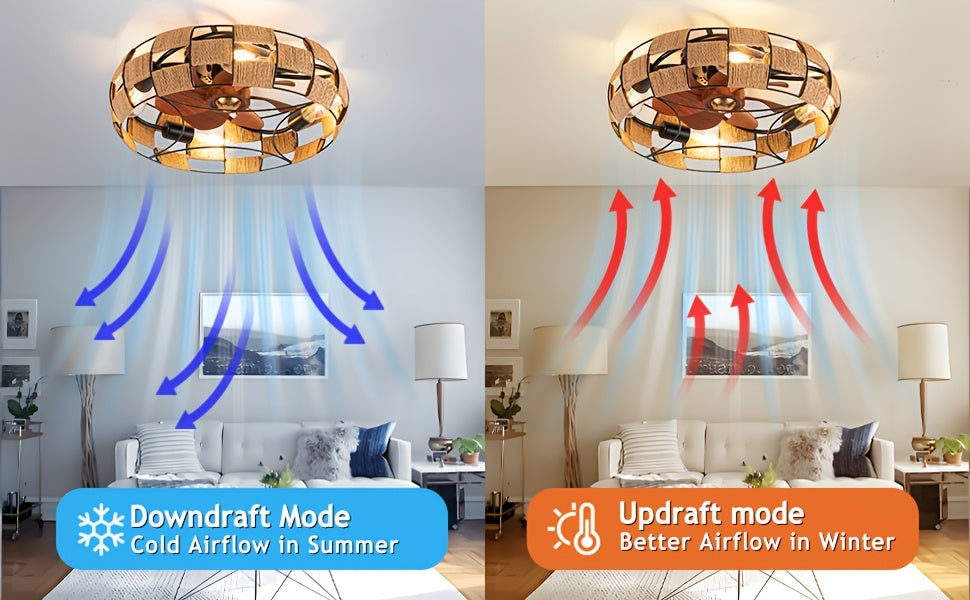 Plafonnier ventilateur cage en métal et corde, 4 douilles, Ø 48 cm