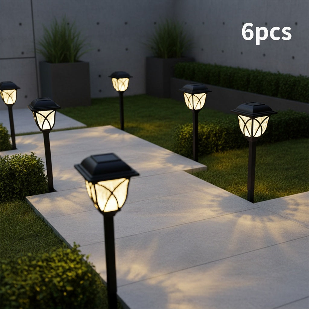 Lot de 6 lanternes solaires carrées à diffuseur ondé et ogives, IP44