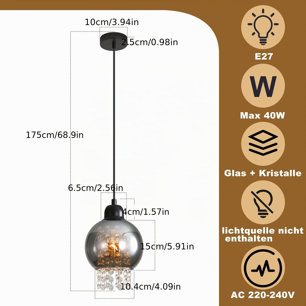 Suspension globe en verre fumé et pampilles transparentes, E27