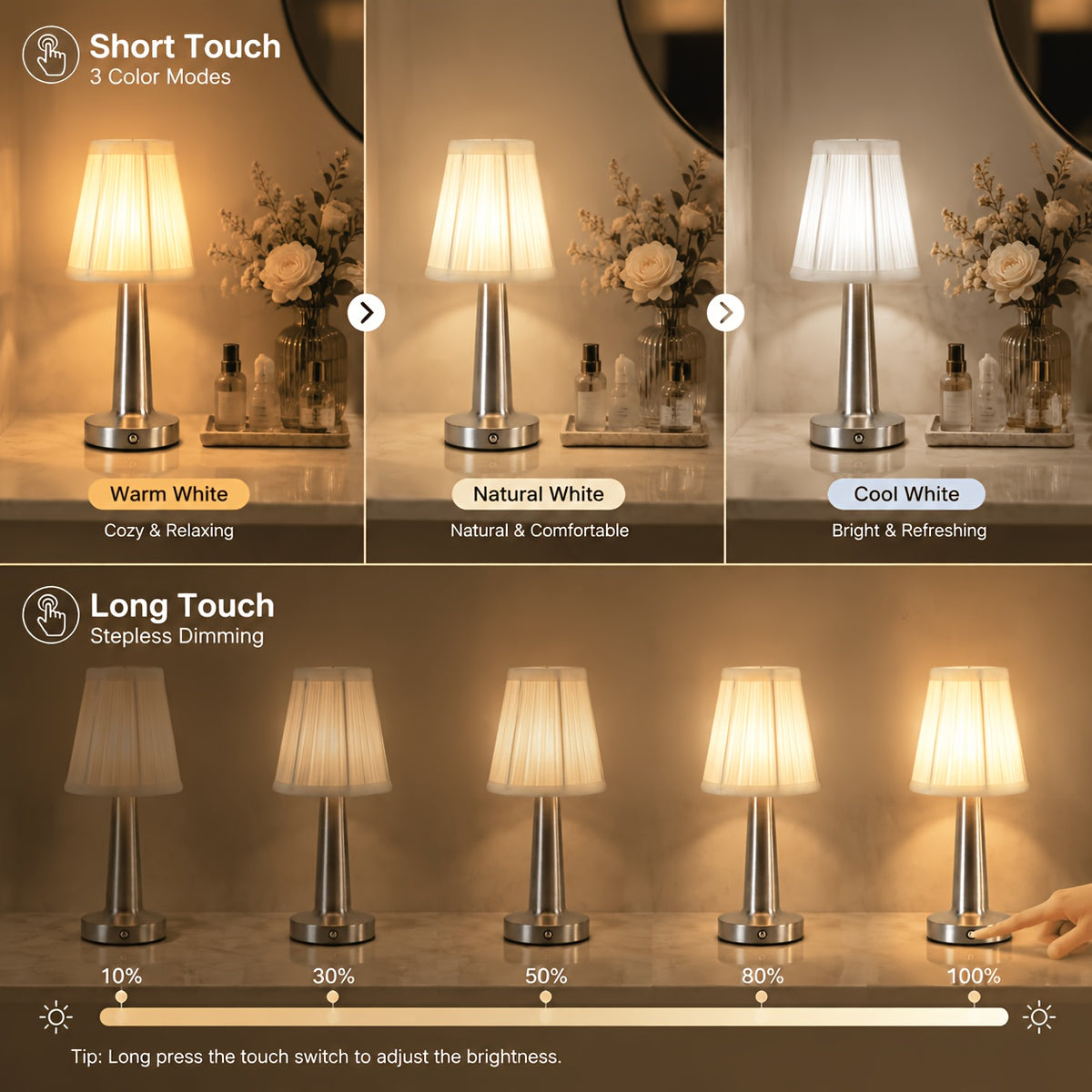 Lampe sans fil rechargeable à abat-jour plissé et pied conique