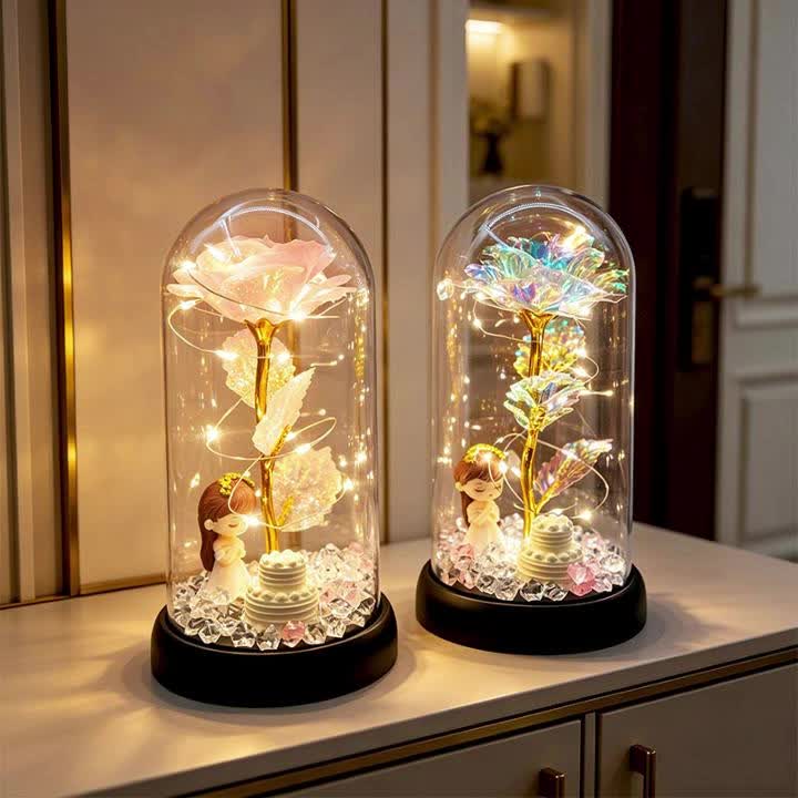 Lampe décorative rose sous cloche, guirlande LED et figurine