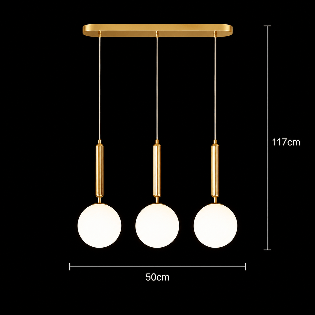 Suspension 3 globes blancs sur barre dorée de 50 cm, douilles E27