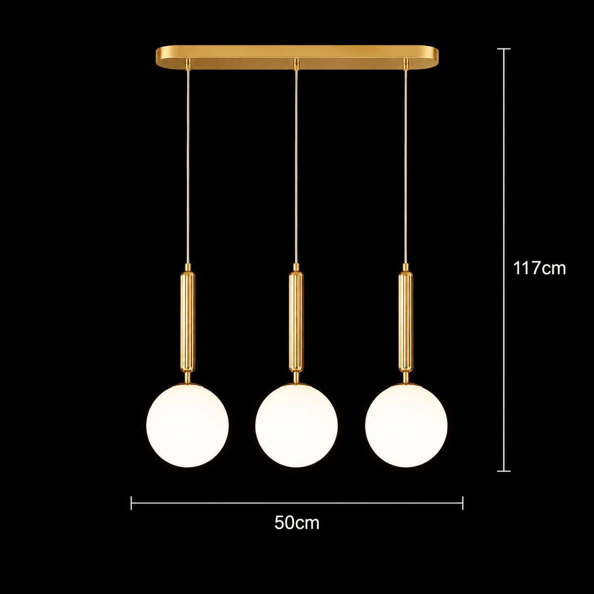 Suspension 3 globes blancs sur barre dorée de 50 cm, douilles E27
