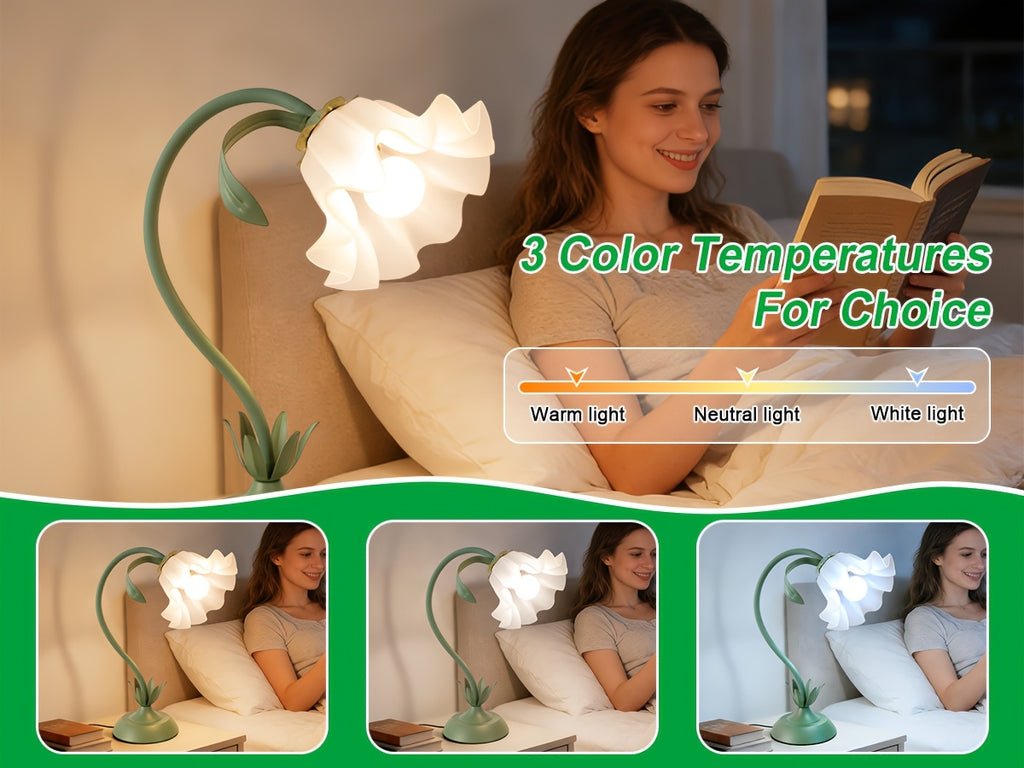 Lampe fleur à col flexible, corolle acrylique, vert ou rose, USB