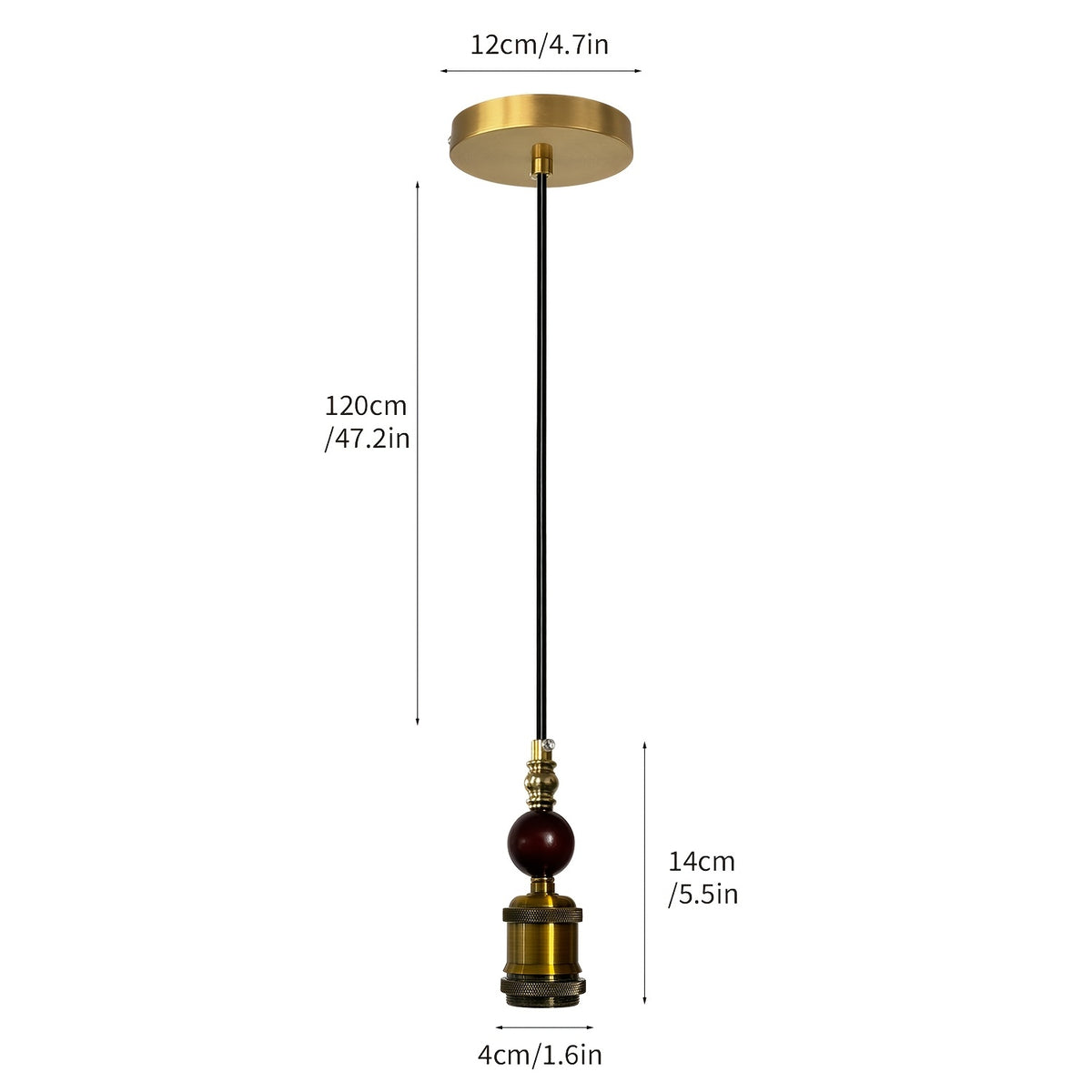 Suspension douille dorée à ampoule apparente, perle brune, 120 cm