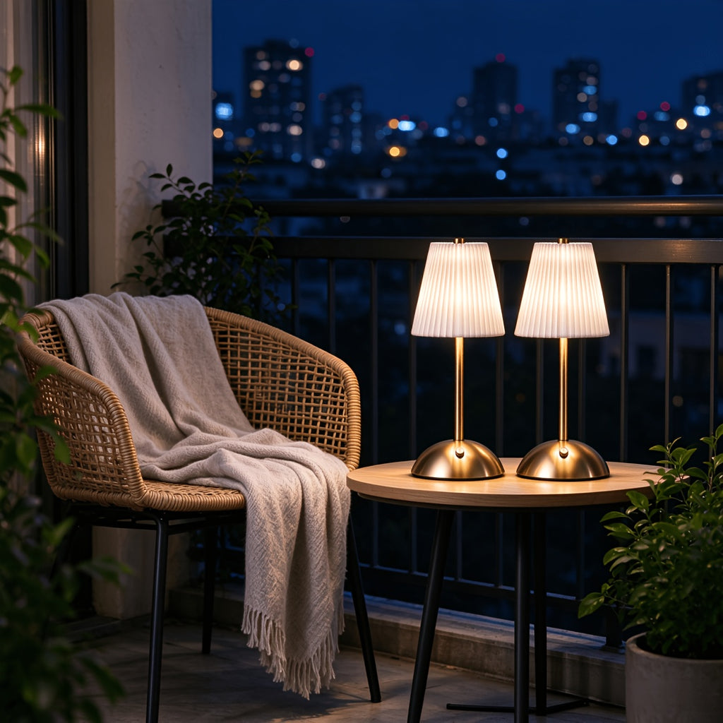 Paire de lampes sans fil plissées, socle doré en dôme, 30 cm