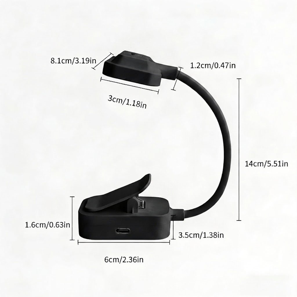 Lampe de lecture à pince noire rechargeable, utilisable branchée