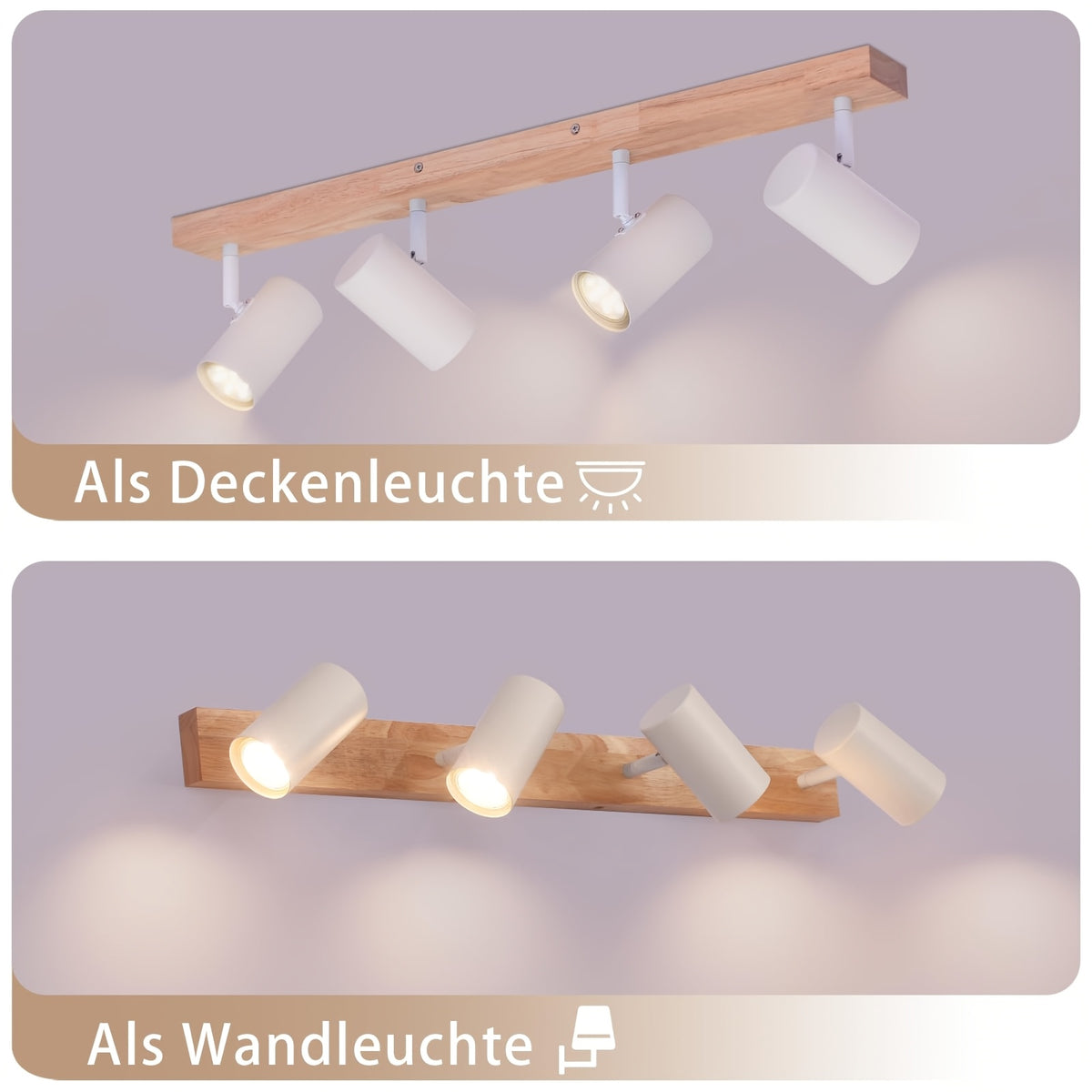 Plafonnier 4 spots GU10 orientables, spots blancs sur barre en bois