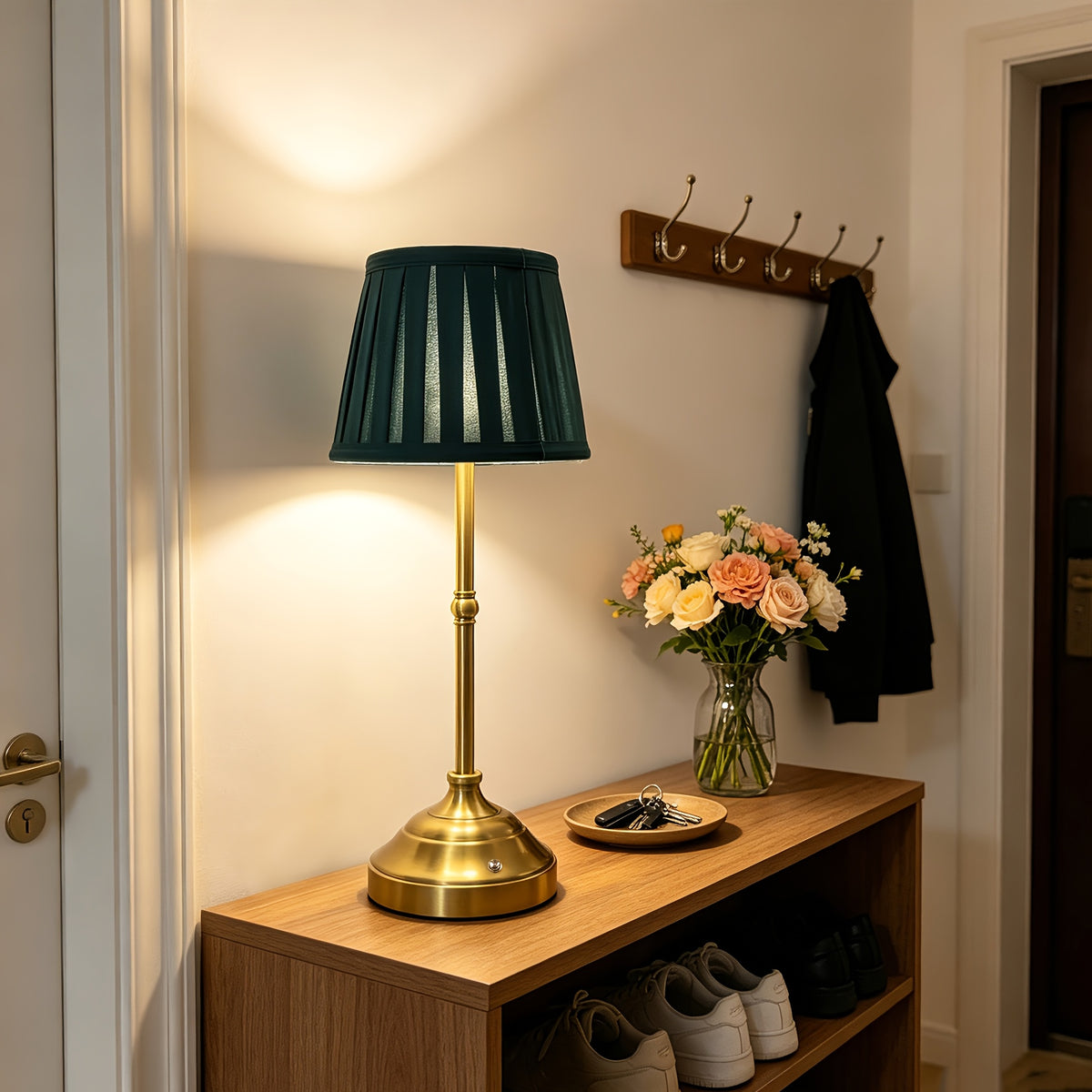 Lampe de table sans fil à abat-jour plissé vert ou crème, 40 cm
