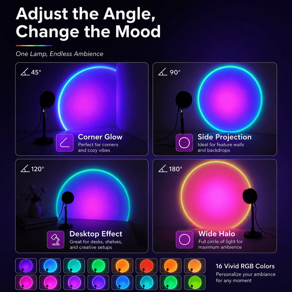 Lampe projecteur coucher de soleil orientable à 180°, 16 couleurs
