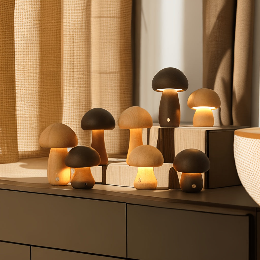 Lampe champignon en bois sans fil, veilleuse tactile rechargeable