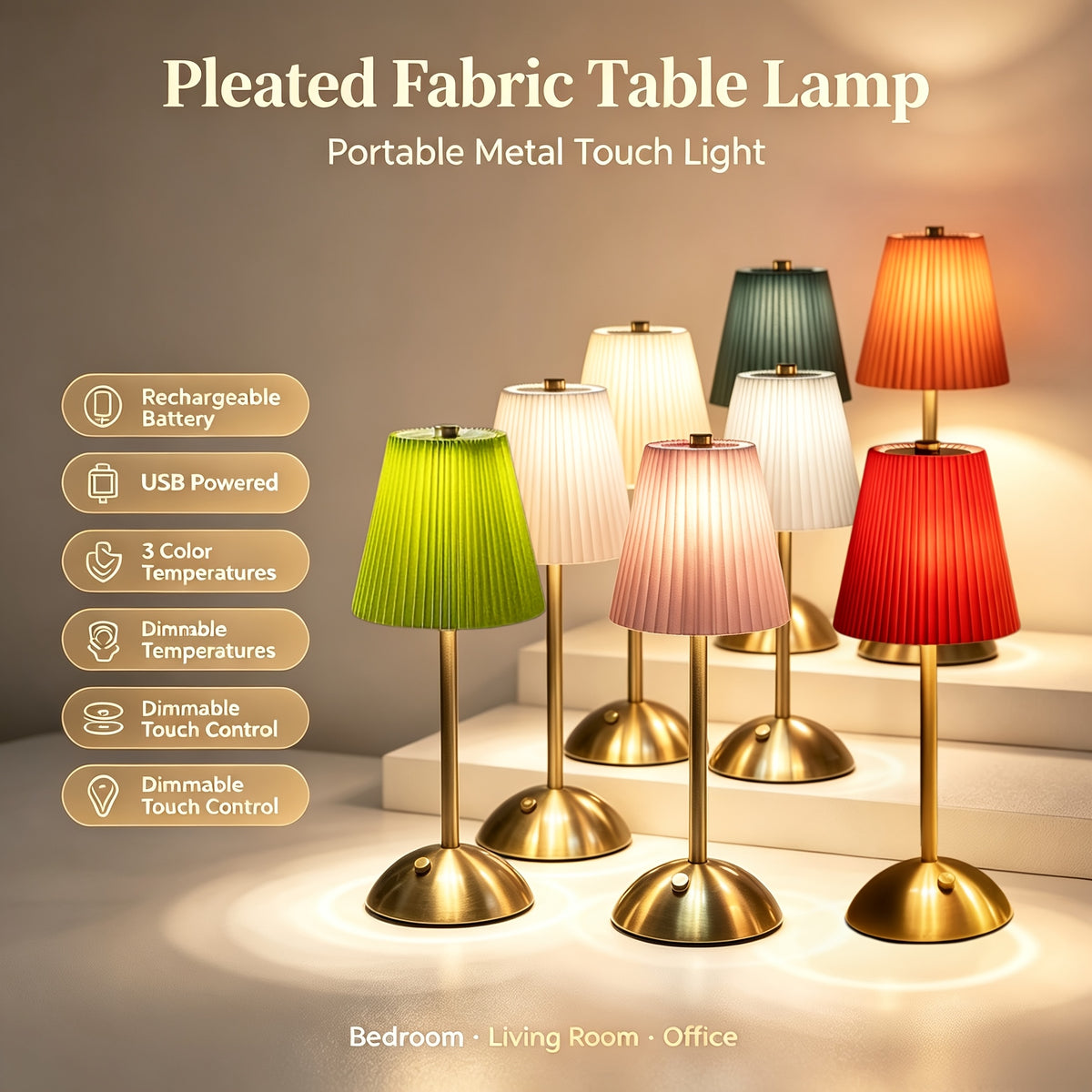 Lampe de table LED sans fil à abat-jour plissé et pied doré, 30 cm