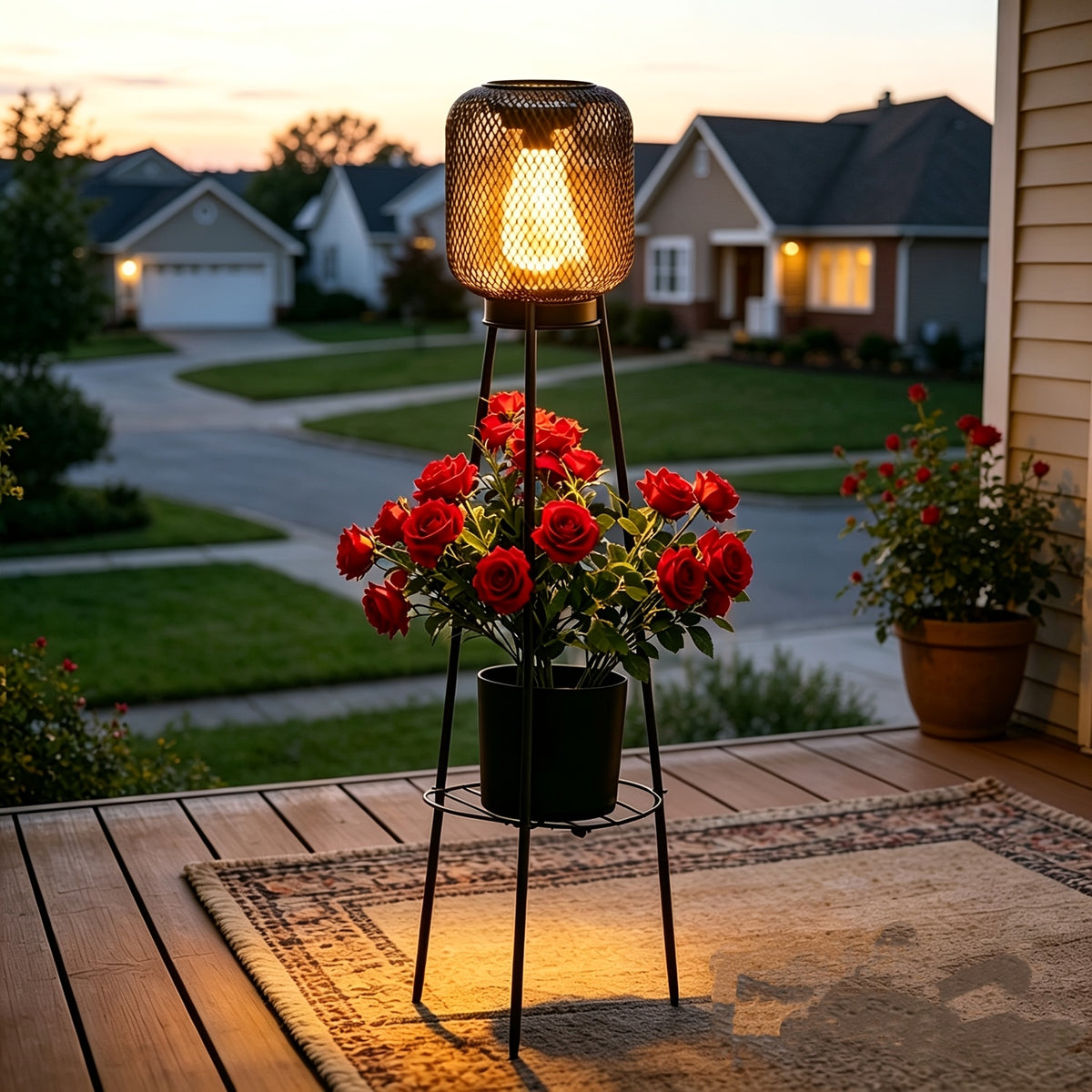 Lampadaire solaire trépied à lanterne grillagée et support de pot