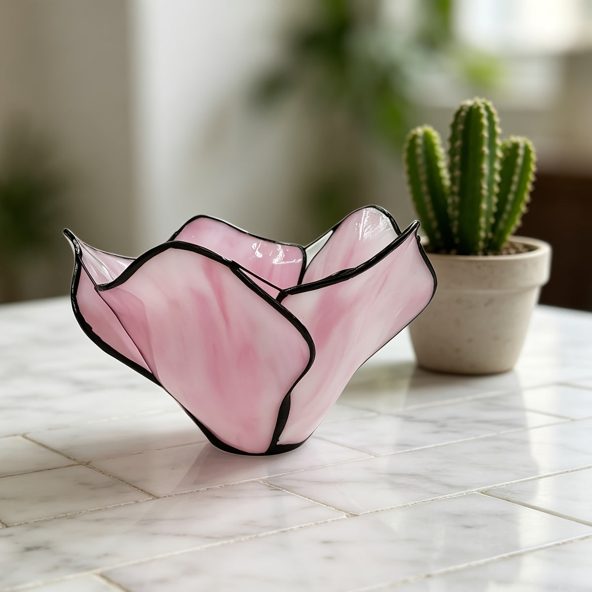 Verre de remplacement fleur en vitrail rose marbré, Ø 20,5 cm