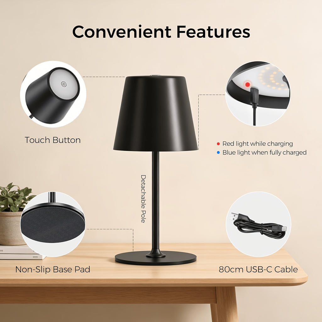 Lampe de table LED sans fil à abat-jour conique et deux hauteurs