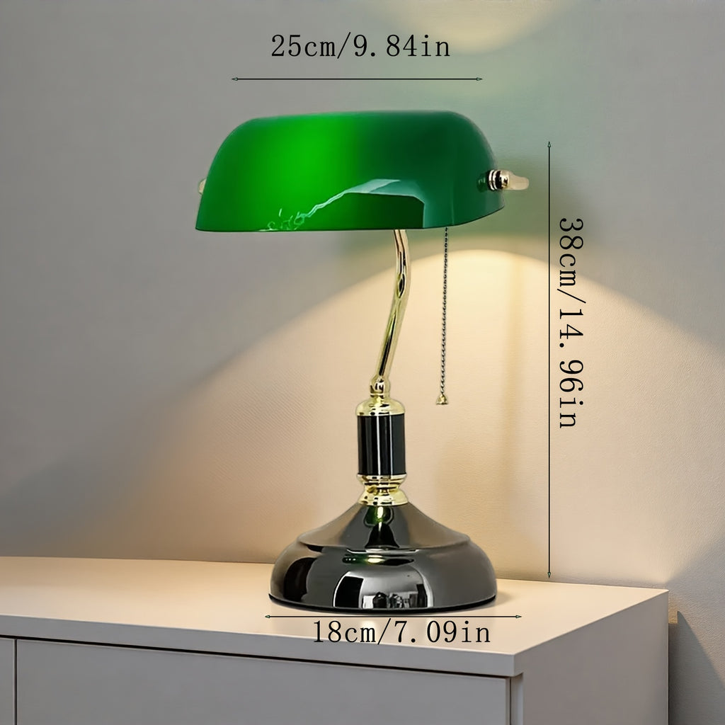 Lampe de banquier traditionnelle verte, bras laiton et USB, 38 cm