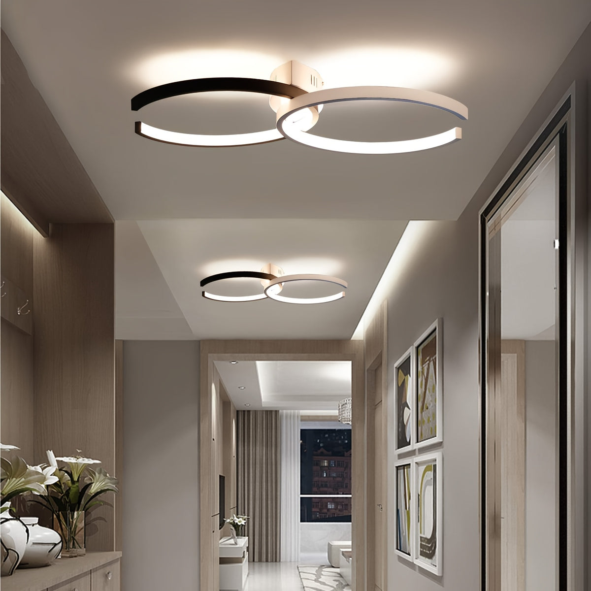 Plafonnier LED à deux arcs noir et blanc, 54 cm, trois teintes