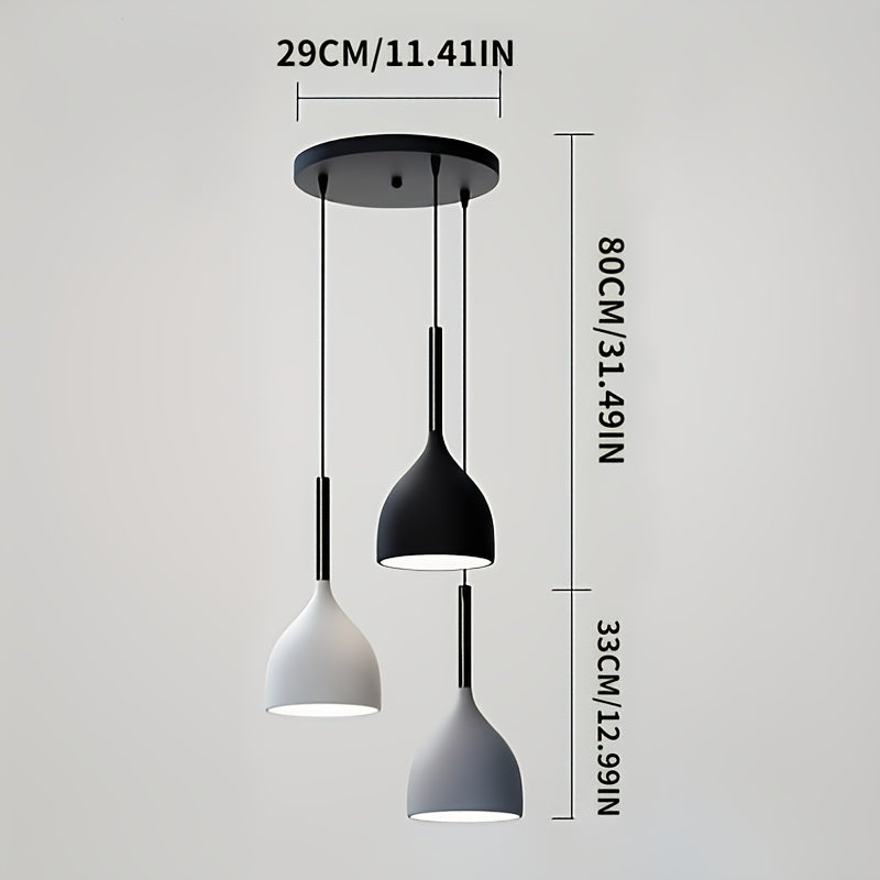 Suspension 3 gouttes en aluminium noir, blanc et gris sur rosace