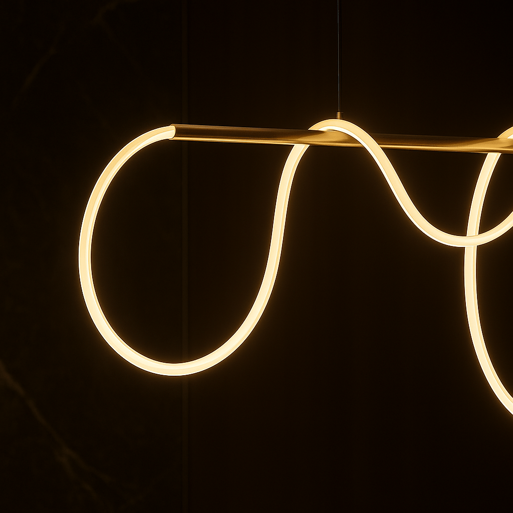 Suspension LED à tube de silicone en boucles sur barre dorée de 100 cm
