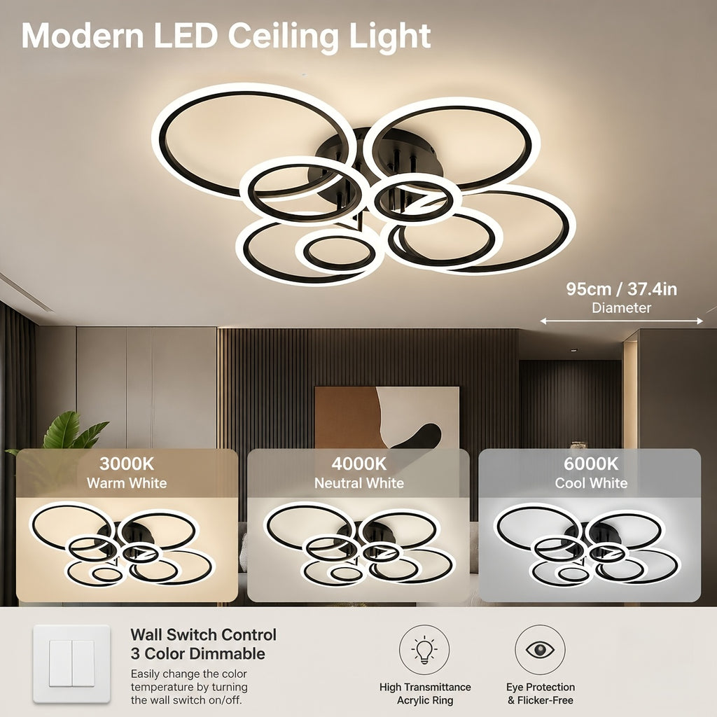 Plafonnier LED multi-anneaux Ø 79 ou 95 cm, blanc, noir ou doré