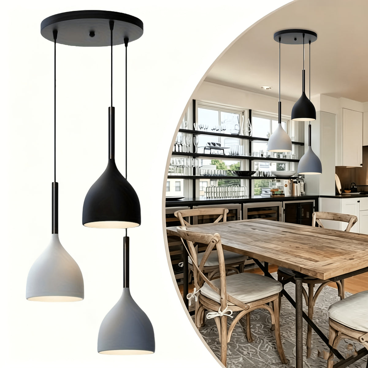 Suspension 3 gouttes en aluminium noir, blanc et gris sur rosace