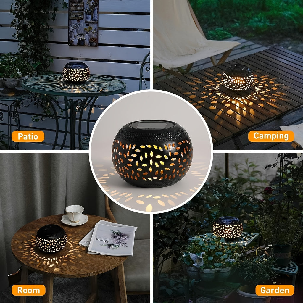 Lampe de table solaire boule en fer ajouré, motif de feuilles
