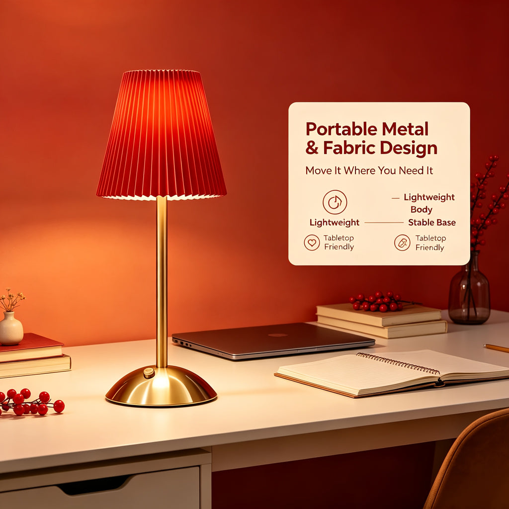Lampe de chevet sans fil rouge, abat-jour plissé et pied doré